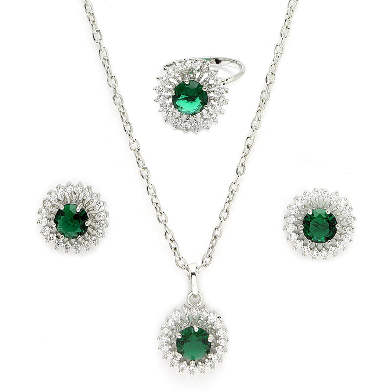 Rhodium Plated Silver Toned Emerald Green American Diamond Studded Pendant Combo With Ring