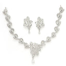 Rhodium Plated Silver Toned Floral Motif White AD Studded Necklace Set With Earrings