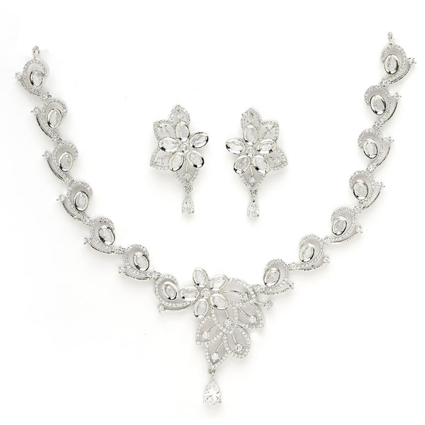 Rhodium Plated Silver Toned Floral Motif White AD Studded Necklace Set With Earrings