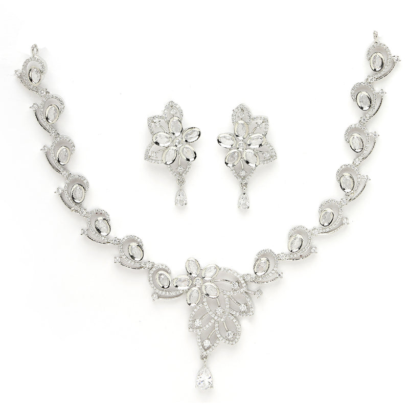 Rhodium Plated Silver Toned Floral Motif White AD Studded Necklace Set With Earrings