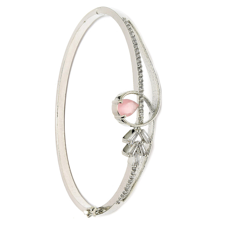 Rhodium Plated Silver Toned Pink Teardrop American Diamond Studded Cuff Bracelet