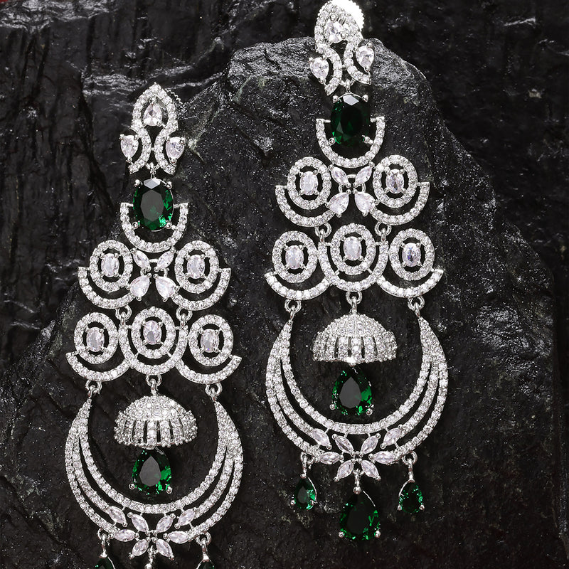 Green & White Rhodium-Plated with Silver-Tone American Diamond Chandelier Earrings
