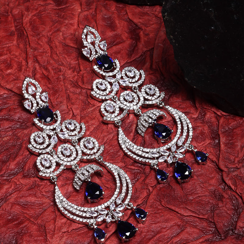 Navy Blue & White Rhodium-Plated with Silver-Tone American Diamond Chandelier Earrings