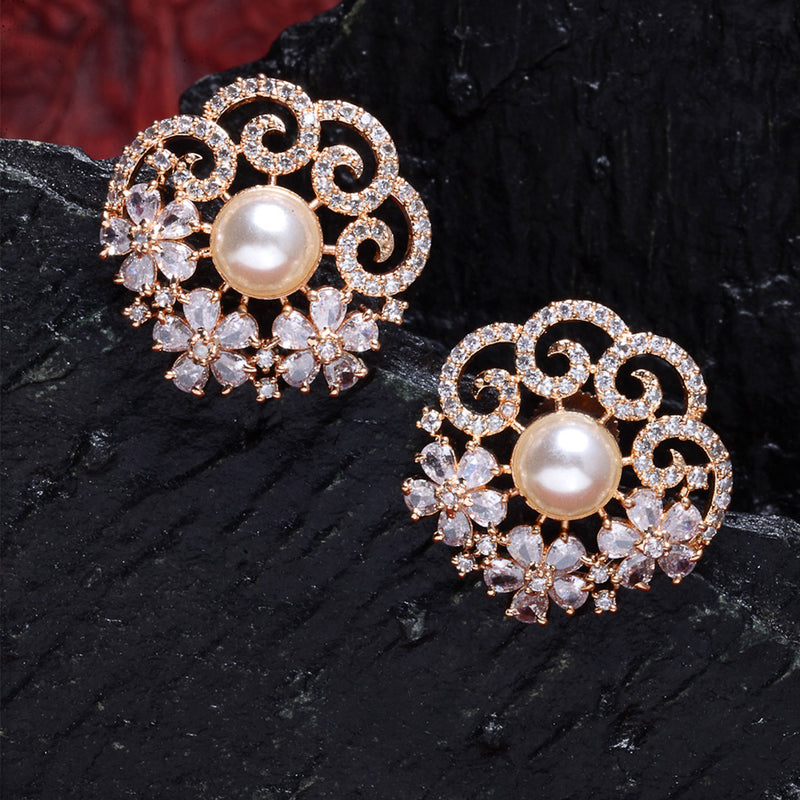 Rose Gold-Plated & White Floral Shaped Studs Earrings