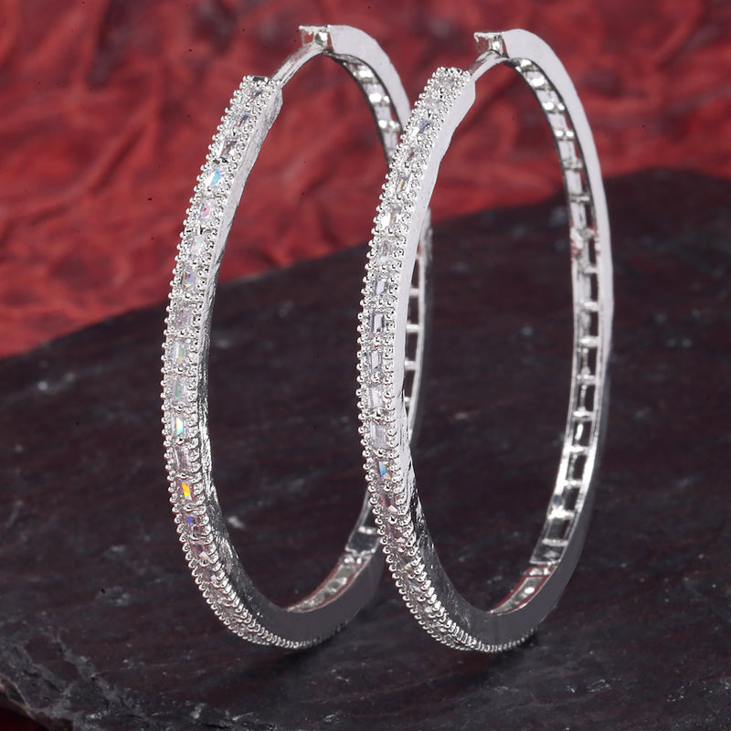 Rhodium-Plated with Silver-Tone American Diamond Circular Hoop Earrings