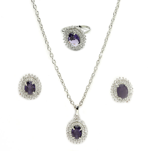 Rhodium Plated Silver Toned Oval Shaped Royal Blue American Diamond Studded Pendant Combo With Ring