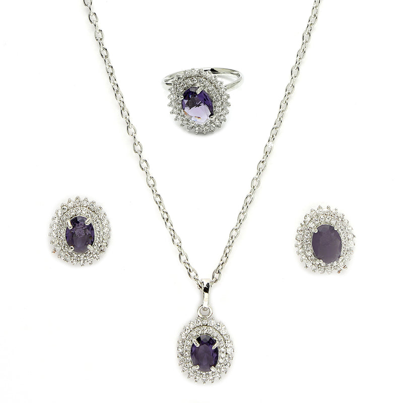 Rhodium Plated Silver Toned Oval Shaped Royal Blue American Diamond Studded Pendant Combo With Ring