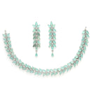 Rhodium Plated Silver Toned Sea Green Floral American Diamond Studded Necklace With Matching Earrings
