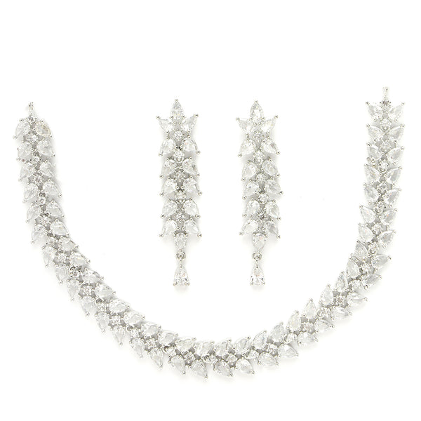 Rhodium Plated Silver Toned White Floral American Diamond Studded Necklace With Matching Earrings