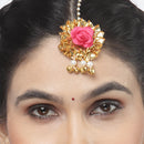 Gold-Plated Gota Patti Flower Maang Tikka Pack Of 5 Girls and Women Floral Jewellery (Red Brown)