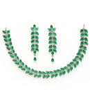 Rhodium Plated Silver Toned Green Floral American Diamond Studded Necklace With Matching Earrings