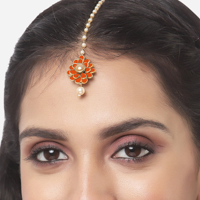 Gold Plated with Orange Stones & Pearl Drop Traditional Maang Tikka Set Of 5