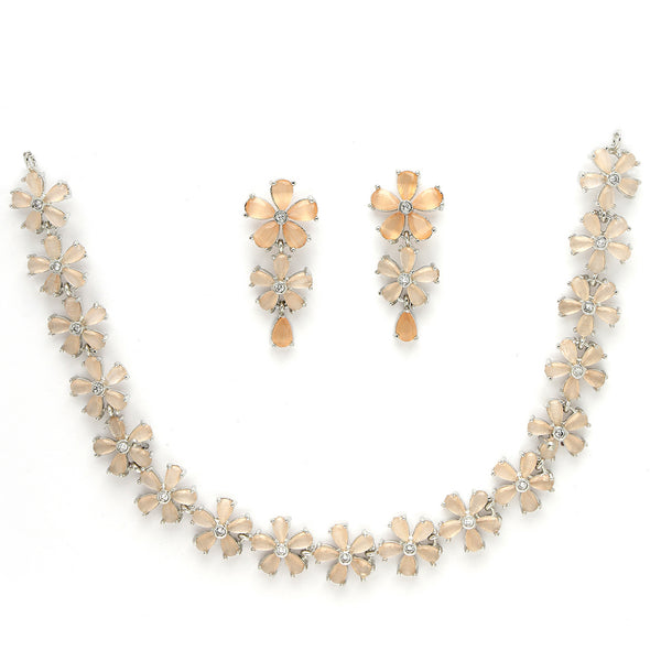 Rhodium Plated Silver Toned Floral Design Orange American Diamond Studded  Necklace With Matching Drop Earrings