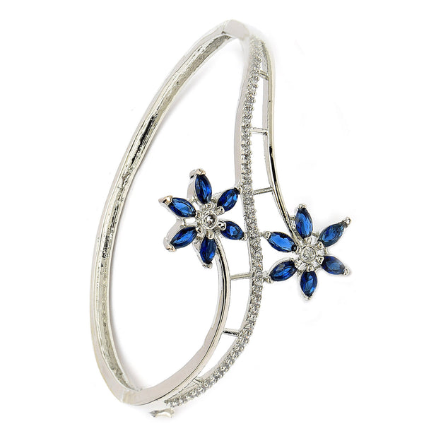 Rhodium Plated Silver Toned Floral Design Blue American Diamond Studded Cuff Bracelet