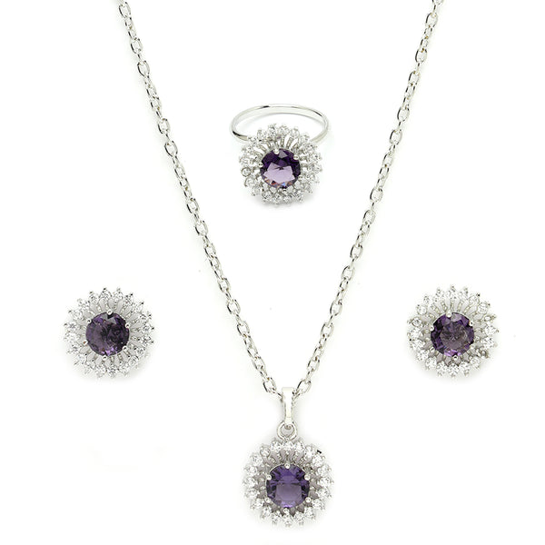 Rhodium Plated Silver Toned Violet American Diamond Studded Pendant Combo With Ring