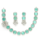 Rhodium Plated Silver Toned Sea Green Cussion Cut AD Studded  Necklace With Matching Drop Earrings