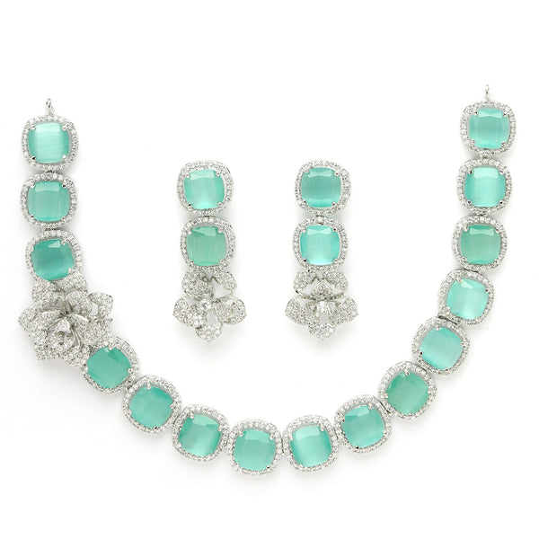 Rhodium Plated Silver Toned Sea Green Cussion Cut AD Studded  Necklace With Matching Drop Earrings
