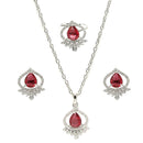 Rhodium Plated Silver Toned Ruby Red Tear dropped  Shaped American Diamond Studded Pendant Combo With Ring