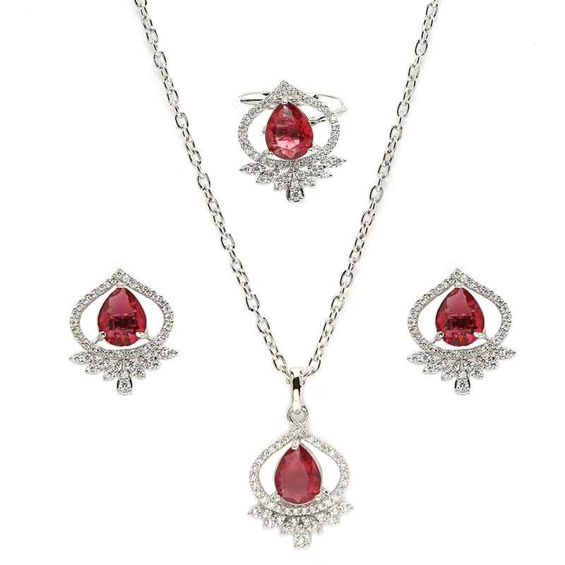 Rhodium Plated Silver Toned Ruby Red Tear dropped  Shaped American Diamond Studded Pendant Combo With Ring