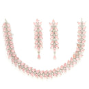 Rhodium Plated Silver Toned Pink Floral American Diamond Studded Necklace With Matching Earrings