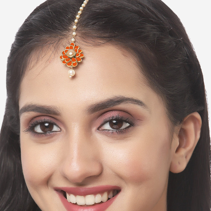 Gold Plated with Orange Stones & Pearl Drop Traditional Maang Tikka Set Of 5
