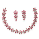 Rhodium Plated Silver Toned Pink American Diamond Studded Necklace Set