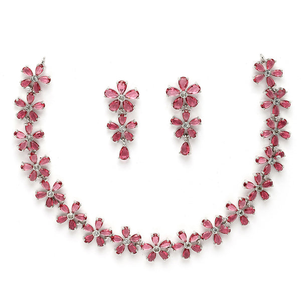 Rhodium Plated Silver Toned Pink American Diamond Studded Necklace Set