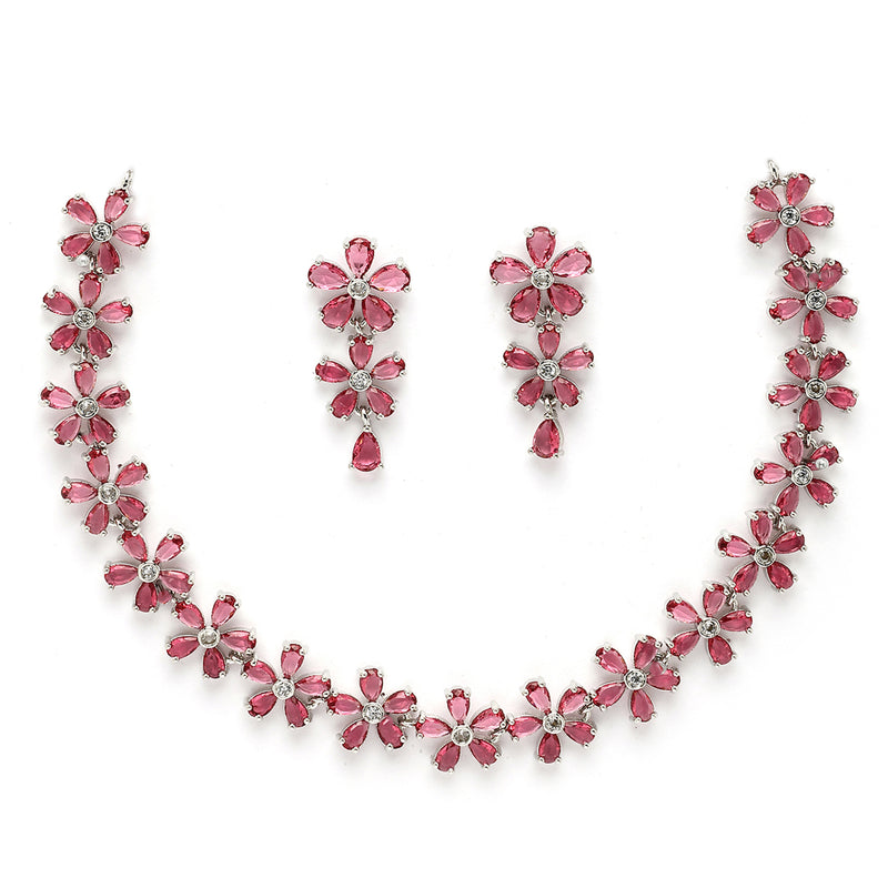 Rhodium Plated Silver Toned Pink American Diamond Studded Necklace Set