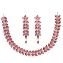 Rhodium Plated Silver Toned Red Floral American Diamond Studded Necklace With Matching Earrings