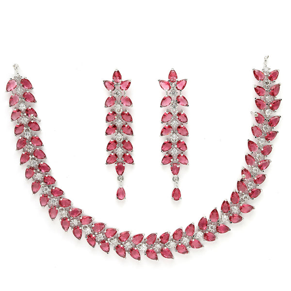 Rhodium Plated Silver Toned Red Floral American Diamond Studded Necklace With Matching Earrings