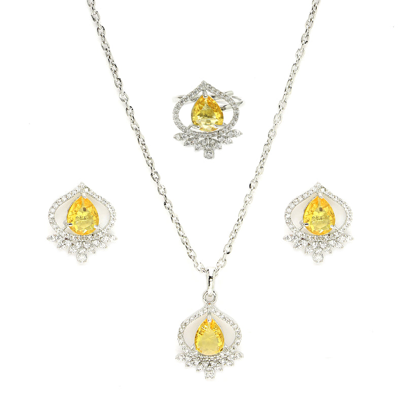 Rhodium Plated Silver Toned Yellow Tear dropped Shaped American Diamond Studded Pendant Combo With Ring