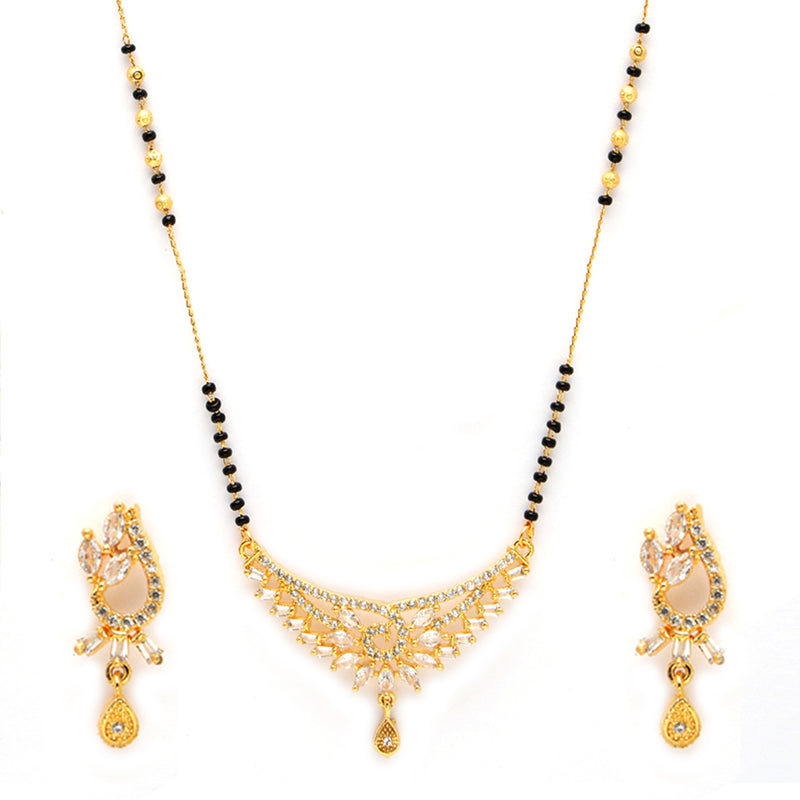 Tradiitional Gold Plated Black Bead Mangalsutra With Earrings