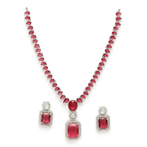 Rhodium Plated Silver Toned Ruby Red American Diamond Studded Jewellery Set