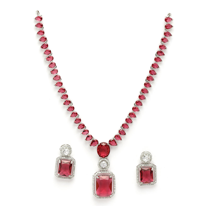 Rhodium Plated Silver Toned Ruby Red American Diamond Studded Jewellery Set
