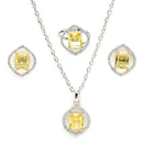 Rhodium Plated Silver Toned Yellow American Diamond Studded Pendant Combo With Ring