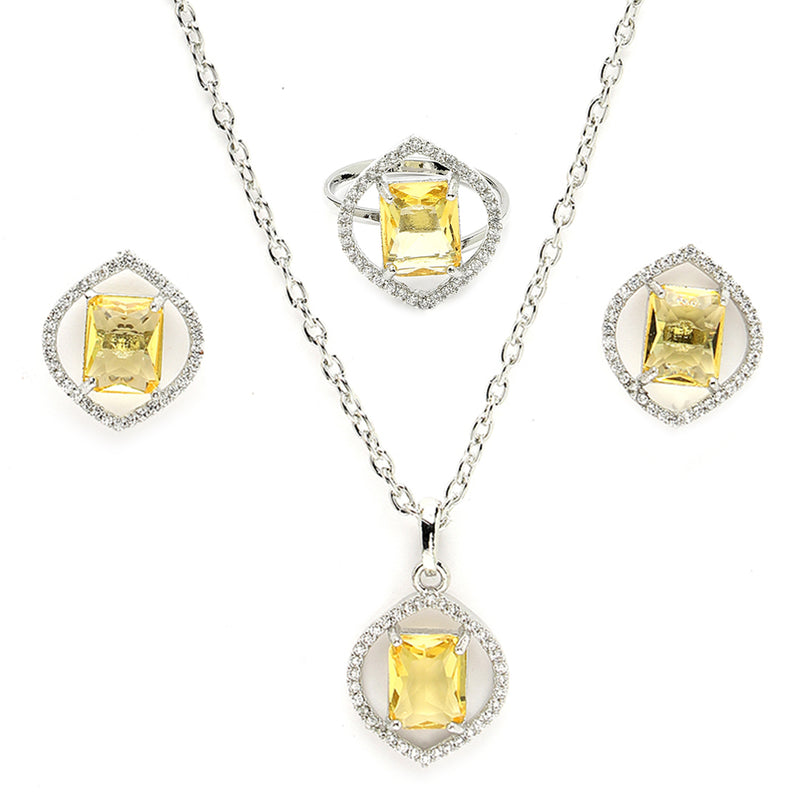 Rhodium Plated Silver Toned Yellow American Diamond Studded Pendant Combo With Ring