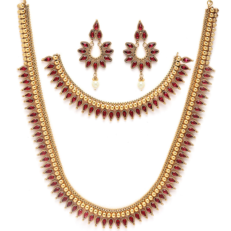 Gold Plated with Priyaasi Floral Kemp Design & Red Stone Studded Necklace Set