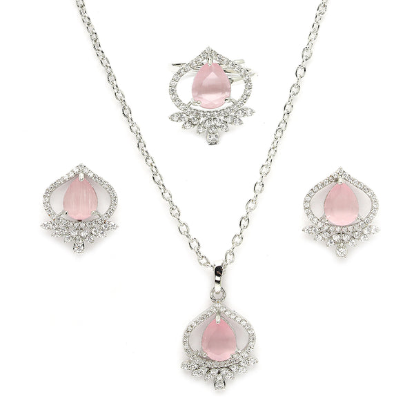 Rhodium Plated Silver Toned Pink Tear Dropped  Shaped American Diamond Studded Pendant Combo With Ring