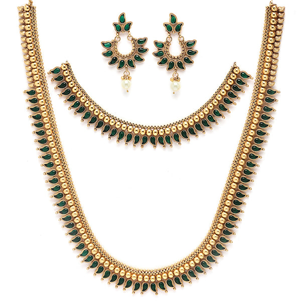 Gold Plated with Priyaasi Floral Kemp Design & Green Stone Studded Necklace Set