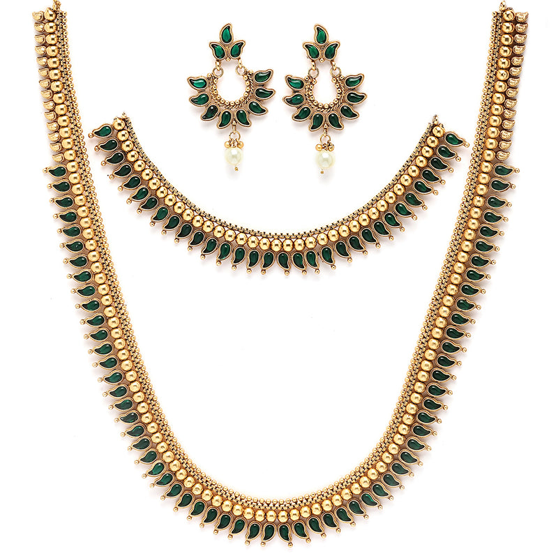 Gold Plated with Priyaasi Floral Kemp Design & Green Stone Studded Necklace Set