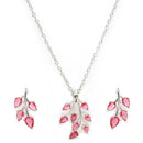 Rhodium Plated with Leaf Shaped Design & Red American Diamonds Studded Pendant Set