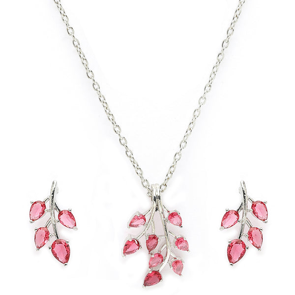 Rhodium Plated with Leaf Shaped Design & Red American Diamonds Studded Pendant Set