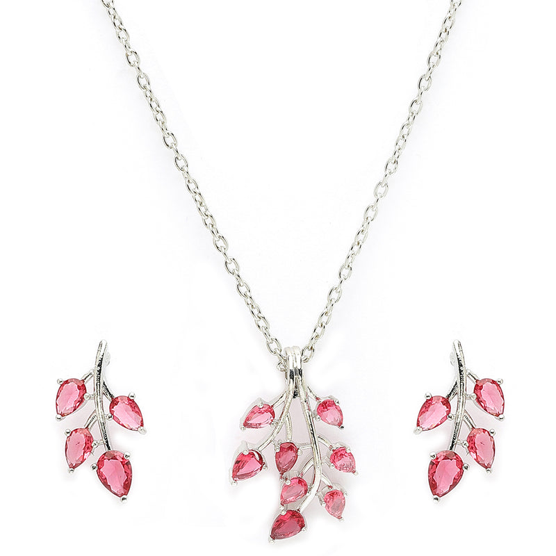 Rhodium Plated with Leaf Shaped Design & Red American Diamonds Studded Pendant Set