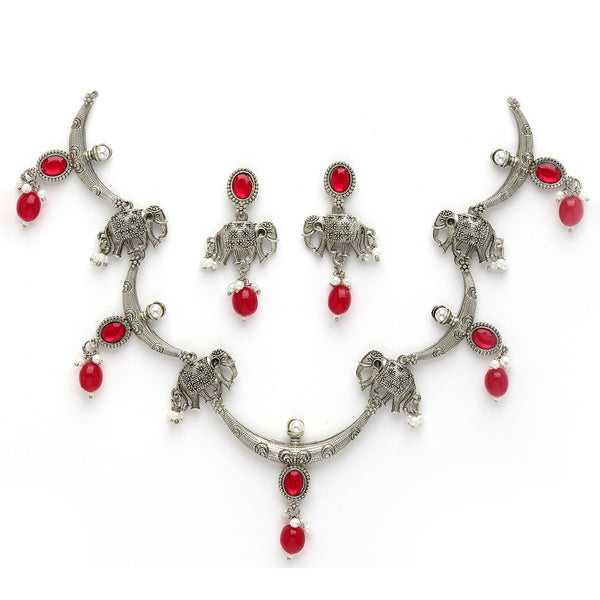 Oxidized Plated with Red Pearl & Stone Studded Jewellery Set