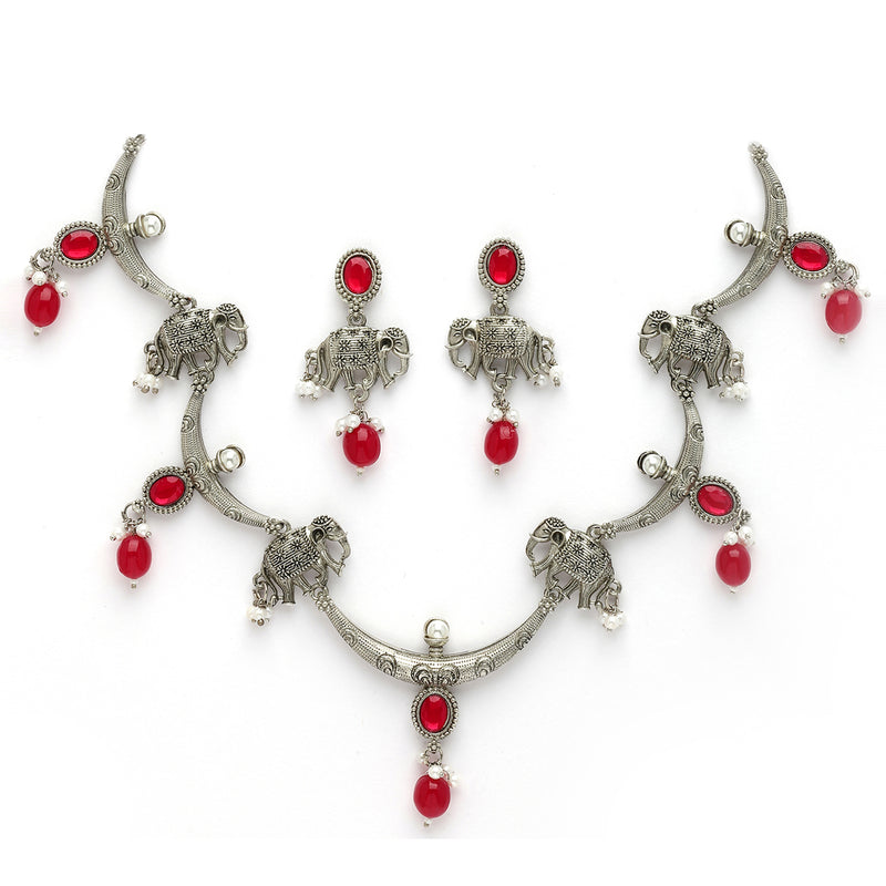 Oxidized Plated with Red Pearl & Stone Studded Jewellery Set