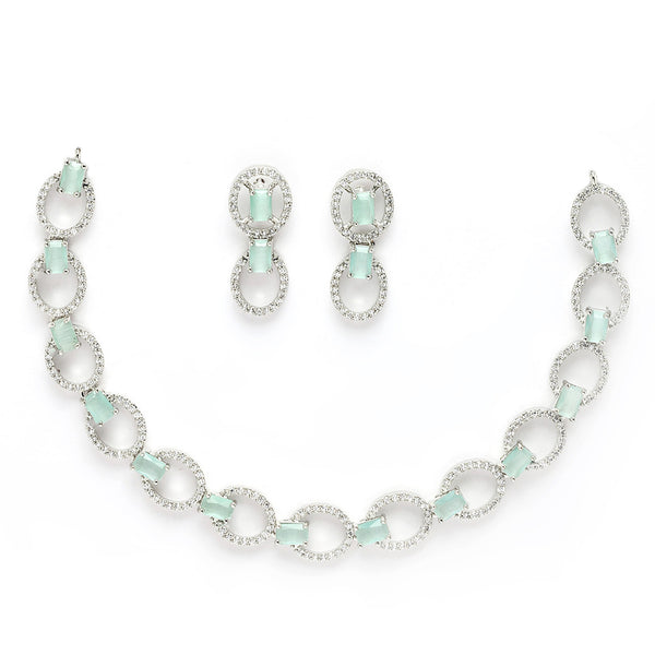 Rhodium Plated Silver Toned Sea Green American Diamond Studded Jewellery Set