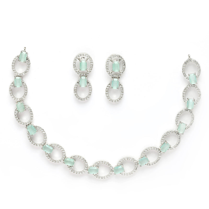 Rhodium Plated Silver Toned Sea Green American Diamond Studded Jewellery Set