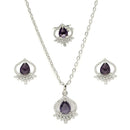 Rhodium Plated Silver Toned Violet Tear dropped  Shaped American Diamond Studded Pendant Combo With Ring