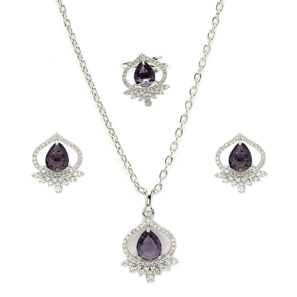 Rhodium Plated Silver Toned Violet Tear dropped  Shaped American Diamond Studded Pendant Combo With Ring