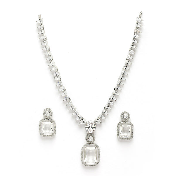 Rhodium Plated Silver Toned Crystal White American Diamond Studded Necklace Set